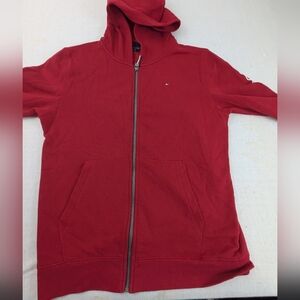 Tommy Hilfiger Red Front Zip Hoodie  Logo Front - HILFIGER On One Sleeve Large